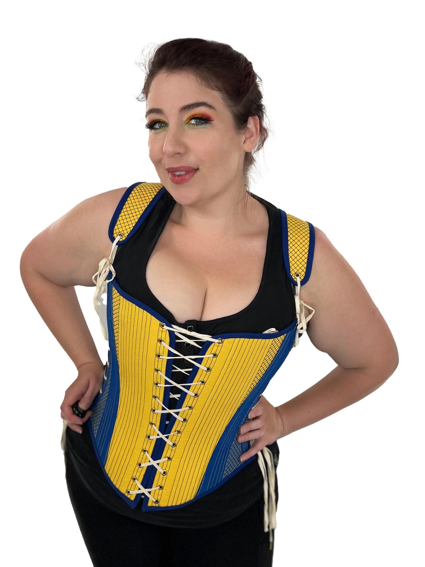 Damaged Sale** Elizabethan Hybrid Stays - Yellow and Blue - Fully Boned - Size 36