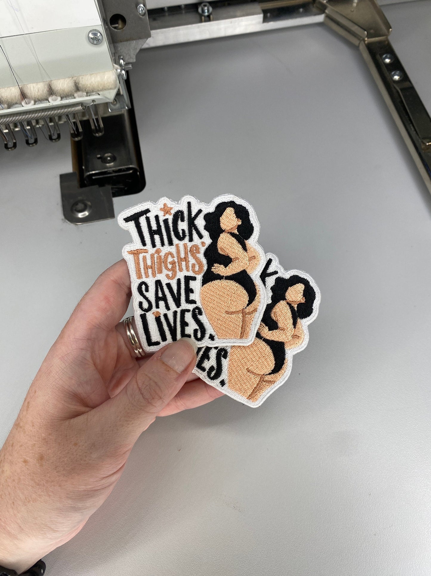 Handcrafted Embroidered Patch – Thick Thighs Save Lives